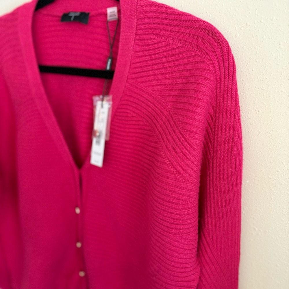 Tahari Fuchsia Ribbed Cardigan Sweater NWT Medium | Bright Pink V-Neck - Picture 10 of 12